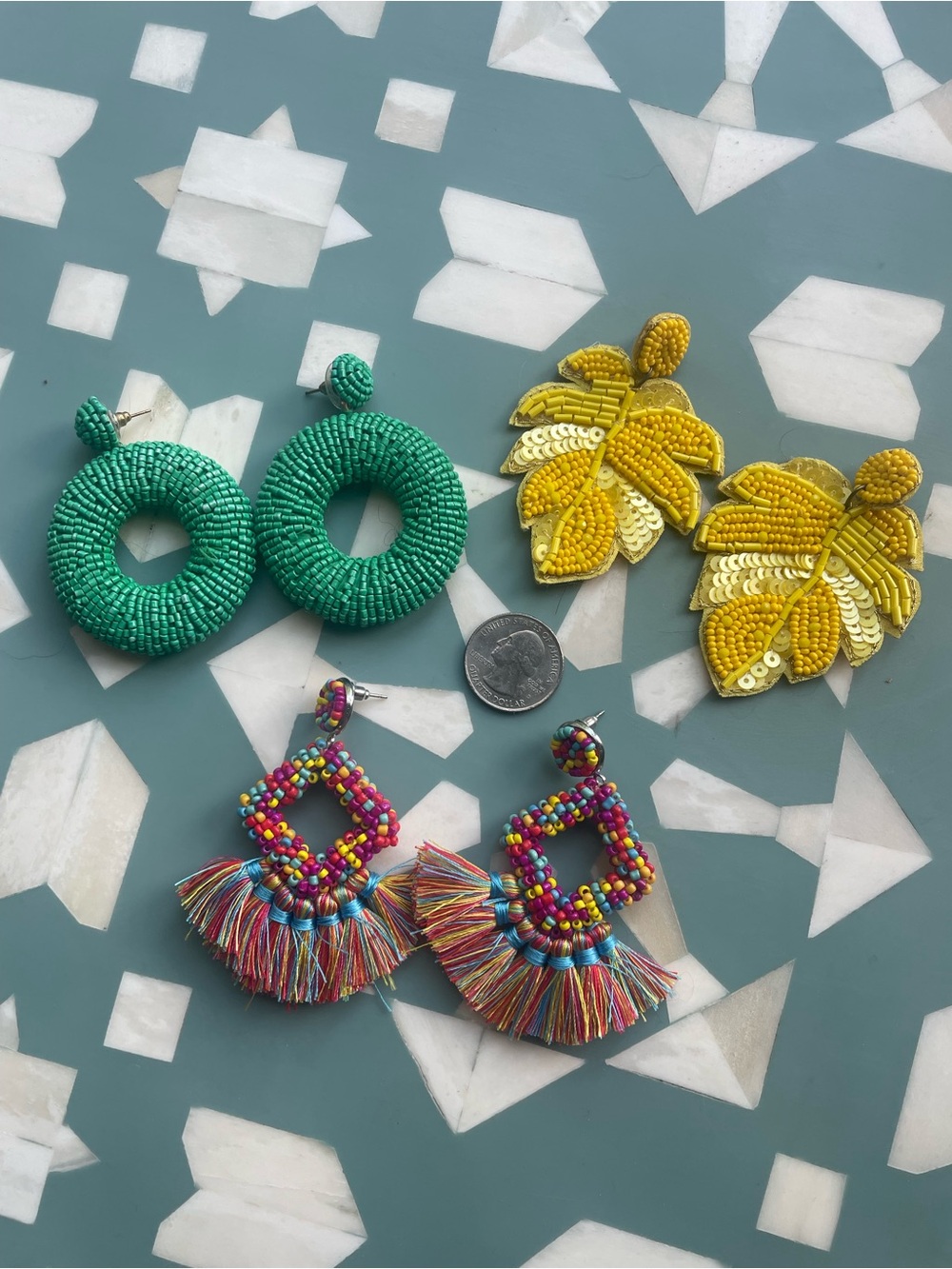 Set of 3 Colorful Beaded Statement Earrings - Turquoise, Yellow & Multicolor